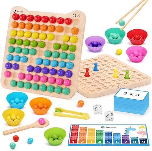 Japace Montessori Spielzeug ab 3 4 5 Jahre, Holz Clip Perlen Brettspiel Kinder Feinmotorik Sortier Spiel, Holzspielzeug Multiplikationsbrett Mathe Lern Spiele ab 3 4 5 6 7 Jahre