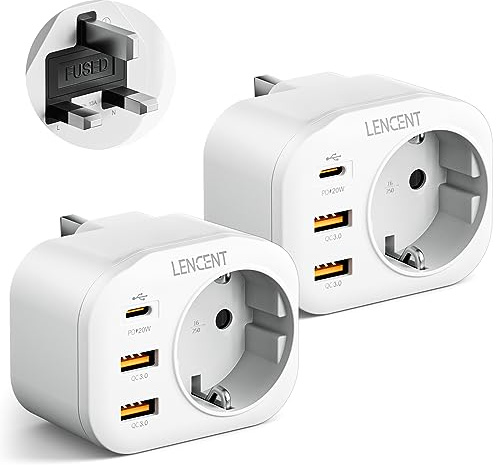 LENCENT 2 Stück Reiseadapter UK, Adapter England Deutschland Stecker | mit 2 USB QC3,0+1 Typ-C PD, Typ G Reisestecker Stromadapter für Großbritannien Schottland Irland Dubai Malediven Steckdose