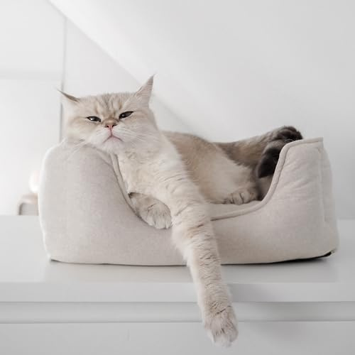 Minty&Marla® | Linen - Körbchen für Katzen | Haustierbett | Schlafplatz für Fellnasen | Waschbares Katzenbett | Katzenkissen | 45x40x15cm | Beige-Grau