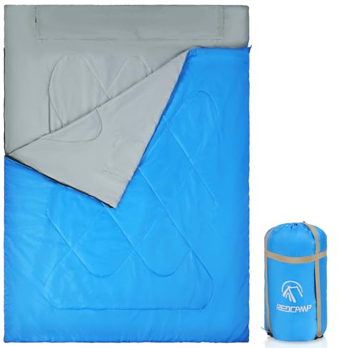REDCAMP Ultraleichter Doppelschlafsack für Erwachsene mit 2 Kissenbezügen, für 2 Personen, warmes Wetter, Queen-Size-Schlafsack mit Kompressionssack, für Camping, Rucksackreisen, Wandern (Blau, 220 x