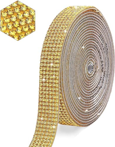 CHONGQILAO Strassband Selbstklebend, 1 Rolle Strass Bänder, Prickelnd Selbstklebend Diamant Band, für DIY, Auto, Zuhause, Hochzeit, Party Dekoration (270cm) (Golden)