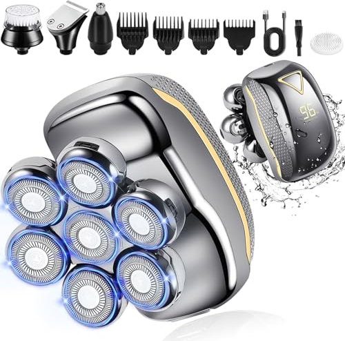 Rasoio Testa Calva, Rasoio Elettrico Barba 5 in 1 Impermeabile IPX7 con 7 Testine Rotanti, Display della batteria e Cavo di ricarica di tipo C, Rasoio per capelli a zero per Naso Orecchie Corpo Viso