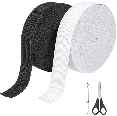 Furuising 2 Volumes élastique Couture 30mm × 20m, Bande Elastique Couture Noir et Blanc, Ruban Elastique avec Ciseaux et Pinces à Enfiler pour Pantalon Jupe Ceinture Couture Bricolage Domestique