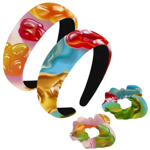 etoenbrc 2 Pack Polyester Wide Headbands and Scrunchie for Women, Cute Gummy Bear Headbands Hair Band Fashion Non-Slip Hair Hoop for Girls Women Hair Accessories