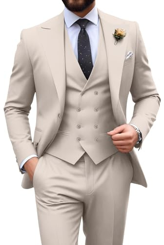 Herrenanzug, schmale Passform, 3-teilig, zweireihig, formelle Smoking-Set, lässig, Hochzeit, Abschlussball, Bräutigam, Light Champagne, M