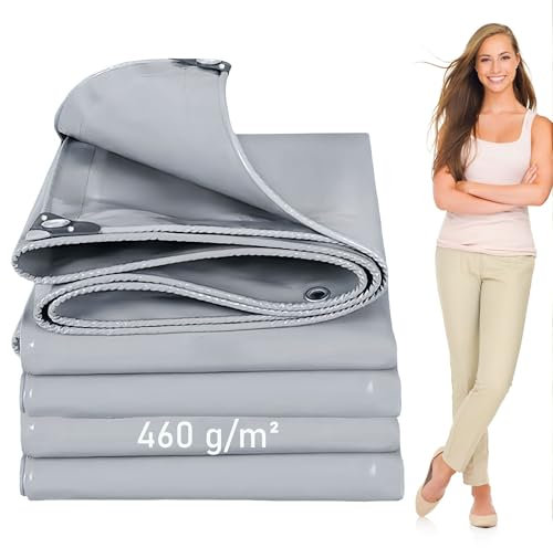 LDQBF Abdeckplane wasserdicht Langlebig,2.5x3.5m 460g/m² PVC Plane Reißfest,UV Beständig,Gewebeplane für Holz,Gartenmöbel,Camping-Plane,Zeltplane,Plane mit Ösen Grau