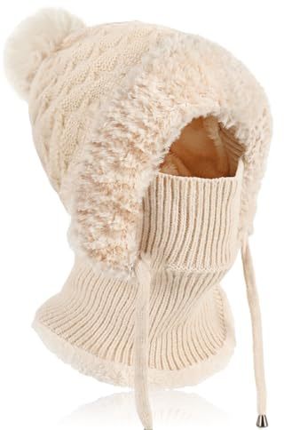 AYPOW Winter Mütze Damen mit Schal Gesichtsmaske, Thermo Strickmütze Balaclava mit Warme Fleecefutter Pompon, Weiches Dicke Beanie WintermüTZE Kapuzenschal Skimütze Hut für Outdoor
