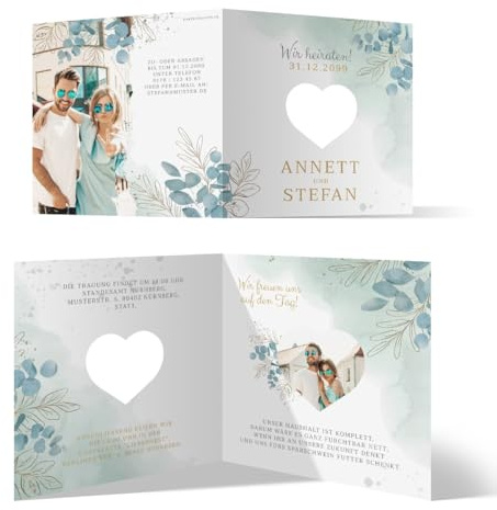 Personalisierte Hochzeit Foto Einladungskarten - Eukalyptus - Klappkarte mit Herz Ausschnitt, dickes 300g/qm Papier, hochwertiger Druck, 148x148mm, passende Umschläge optional, ab 10-100 Stück