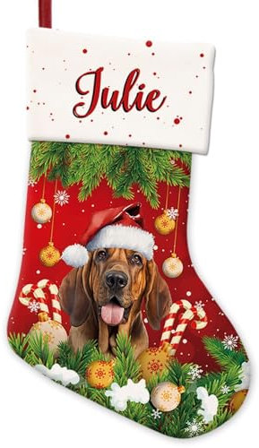 BAGEYOU Weihnachtsstrumpf, Motiv: Bluthund Hund mit Weihnachtsmannmütze, personalisierbar, für Zuhause, Party, Dekoration, 36,6 cm, Rot