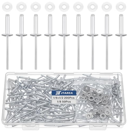 JTAREA 250 Pièces Rivets Aveugles en Aluminium 3,2 × 12,7 mm avec Rondelles Rivet à Bout Ouvert Rivets Pop Tete Large (Argent)