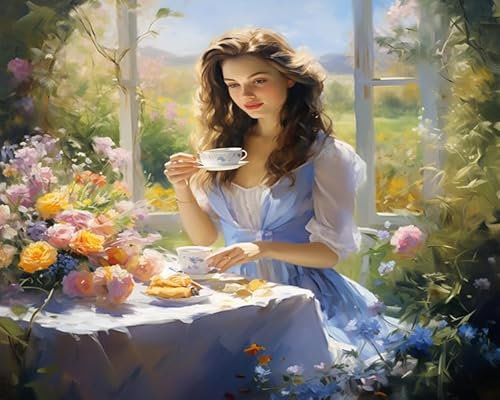 YarnAdventures Garden View Painting by Numbers Kit for Adults,Girl Drinking Tea,Painting Kits for Beginners On Colored Canvas,DIY Oil Painting Kits Art Gift Set,40x50cm Frameless