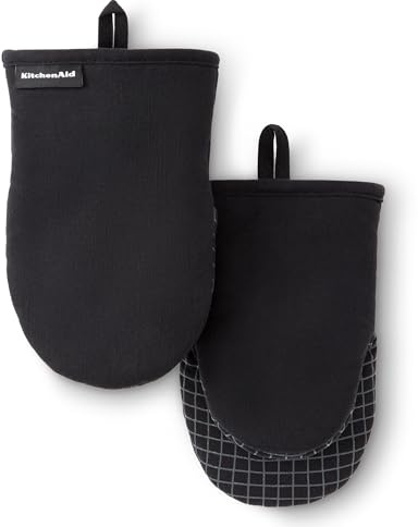 KITCHENAID Gourmet Series Gridlines Lot de 2 Mini Gants de Cuisine résistants à la Chaleur jusqu'à 315,6 °C, poignée en Silicone Souple, Poignet magnétique, Noir Onyx, 14 x 22,9 cm