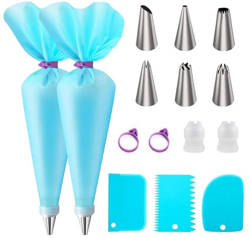 Set di sac à poche e beccucci, 15 pezzi, riutilizzabili, con punte in acciaio inox, kit di tubazioni per decorare cupcake e biscotti, sac à poche in silicone per glassare, strumenti per pasticceria