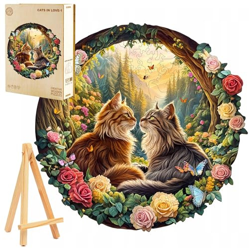 PASJO Holzpuzzle für Erwachsene 3D Verliebte Katzen 270 Einzelteile Holzbox und Mini-Staffelei Wooden Puzzle