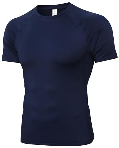 Yuerlian Navy Men's Compression Short Sleeve Shirt Sports Quick Dry Base Layer Top Active Fitness Training T-Shirts for Running Gym Cycling Workout