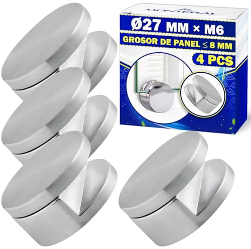 4 Pièces Fixation Miroir Mural Ø27 mm x М6 pour Épaisseur de Panneau de 8 mm - Support Miroir Mural en Alliage de Zinc et D'aluminium avec Revêtement Chromé - Garantie de 10 Ans - MONTERAL
