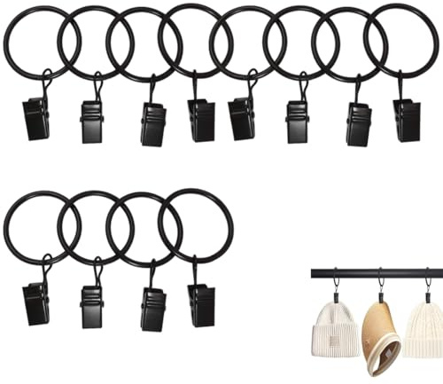 WUSJCOF 12 Clips Premium para Cortinas con Anillos, Anillas para Cortinas con Clips, Soportes para Cortinas (2,5 cm de Diámetro Interior, Aptos para Barras de Cortina de hasta 2,5 cm) (Negro)