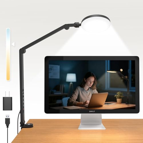 ZAPLIT 5V Schreibtischlampe mit Klemme, 10W Bürolampe mit verstellbarem Schwenkarm, Touchsteuerung, 5 Lichtfarben (1700K–6000K), 10 Helligkeitsstufen, Timer, für Homeoffice & Videokonferenzen