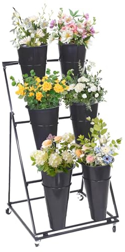 Support de jardinière roulant en métal avec seaux, chariot de fleurs robuste sur roulettes, support mobile pour un arrangement facile, idéal pour les fleuristes et les jardiniers
