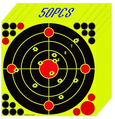 NYEONHRT Bersagli di tiro da 30,5 cm x 30,5 cm per la gamma, 50 pezzi autoadesivi bersaglio di carta con feedback giallo per pistola, pistola, tiro con l'arco e accessori per fucili