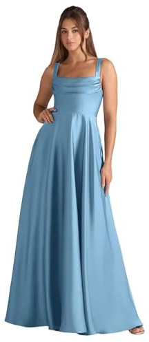 Eittvisy Women's Spaghetti Straps Satin Bridesmaid Dresses Pleated A-Line Prom Dresses Long Formal Evening Gowns with Pockets Light Blue