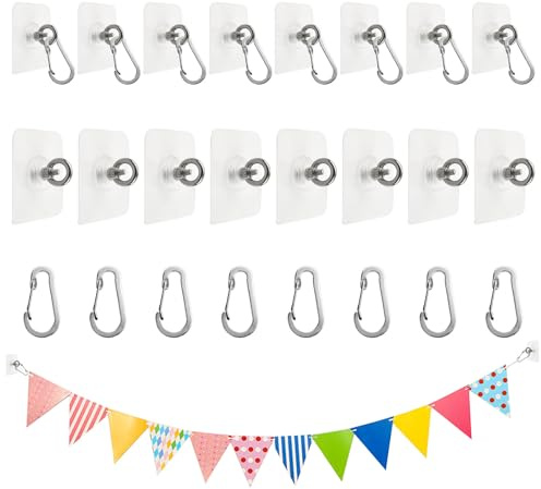 UFURMATE Crochets de plafond auto-adhésifs 16 ensembles, crochets sans clous en acier inoxydable avec mousquetons pour suspension au plafond et crochets muraux pour accrochage intérieur et extérieur