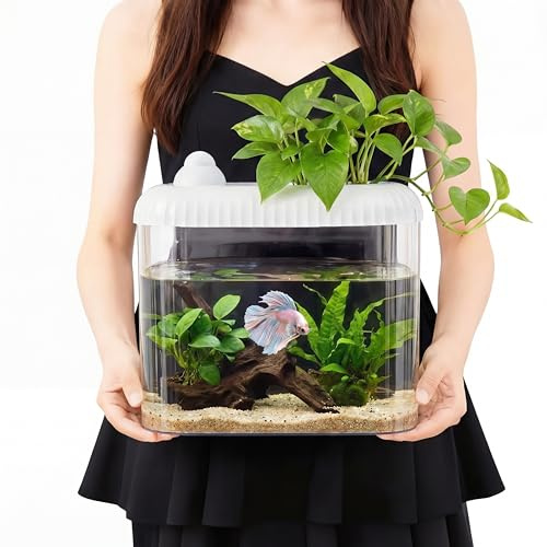 Geelin White 2 Gallon Plastic Aquaponic Betta Fish Tank Large Bowl Shatterproof Small Ecosystem Aquarium with Secure Buckle Lid, Clear Clarity for Terrarium, Flower Vase Betta Fish Tabletop Gifts