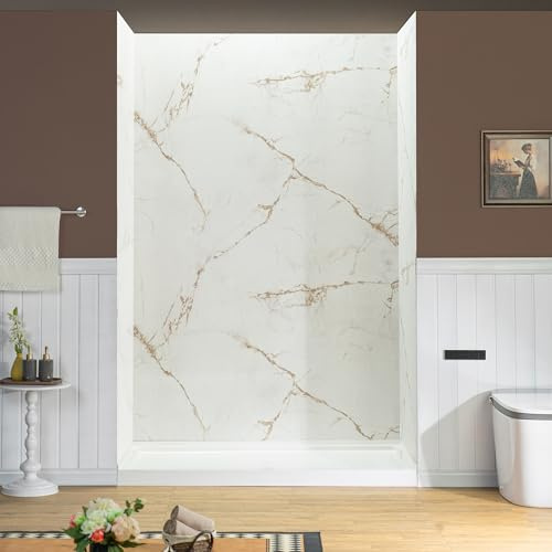 Woodbridge 60 W x 96 H 3-Piece Solid Surface Tile Tub and Shower Wall Panel Surround Kit in Beige Marble with Soft Brown Veining (High Gloss Finish), Quick Install and Trimmable, 3/16 (5mm) Thick