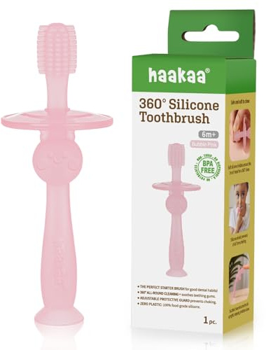haakaa 360° Silicone Baby Toothbrush – 100% Soft Food Grade Silicone, BPA-Free, Suction Base, Safe for Babies 6 Months+, Gentle Gum and Teeth Cleaning for Infants, Gum Massager (Bubble Pink)
