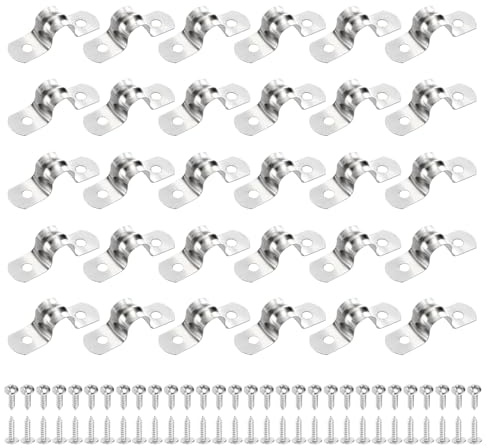 sourcing map 30Pcs 10mm(3/8) 304 Stainless Steel Rigid Pipe Strap, Two Hole Strap U Bracket Heavy Duty Pipe Conduit Clamp with Self-Tapping Screws for Hose Wire Cord Installation, Silver
