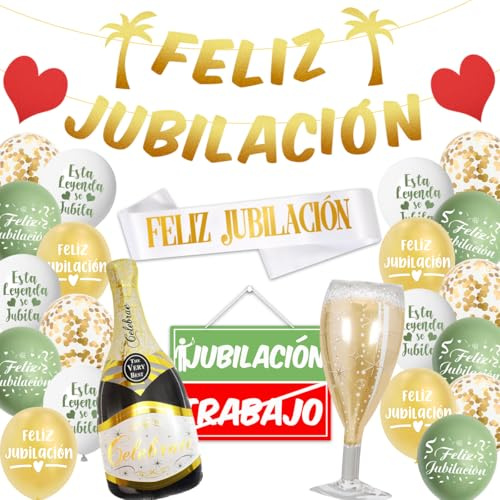 Jubilacion Decoracion, Feliz Jubilacion Guirnalda, Banda, Globos, Regalos, Oro Verde Photocall, We Will Miss You Decoracion Mujer Hombre