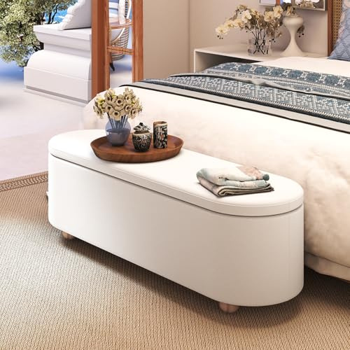 GIANTEX Puff Almacenaje Ovalado, Baúl de 150 L con Tapa, Asiento Tapizado, Patas de Madera de Caucho, Banco de Pie de Cama para Dormitorio, Entrada, Carga de 300 kg, 139 x 40,5 x 48,5 cm