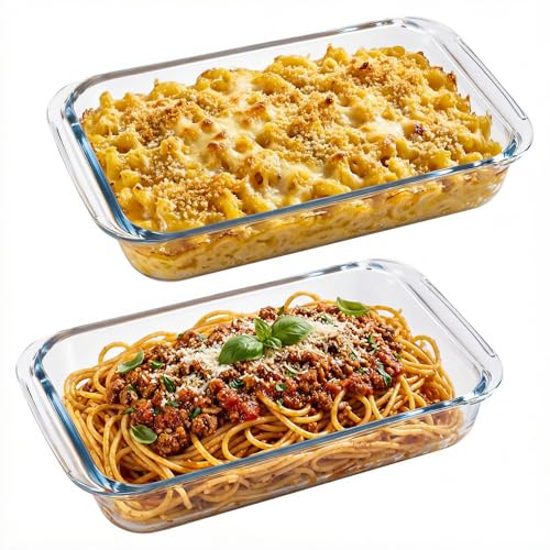 Hejo 2 Pcs Glass Lasagne Dish, 1L Glass Oven Dish with Handle, Heat Resistant Baking Dishs, Transparent Rectangular Baking Tray, Pyrex Dishes for the Ovens, Oven Safe & Microwave Safe