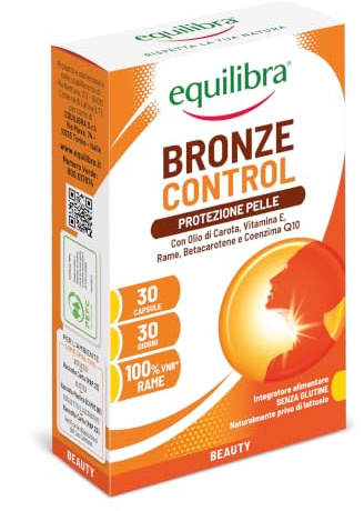 Equilibra Protezione Pelle, Integratore con Rame, Olio di Carota, Vitamina E, Betacarotene e Coenzima Q10, per la Normale Pigmentazione della Pelle, per il Benessere della Vista, 30 Capsule