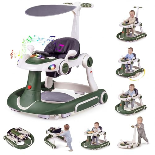 COSTWAY Girello per Bambini 6-in-1 Evolutivo, Pieghevole (Verde+Bianco) | con Maniglia, Centro Attività Regolazione Altezza/Velocità, con Musica, Luci Tenda, per Neonati 6-18 Mesi