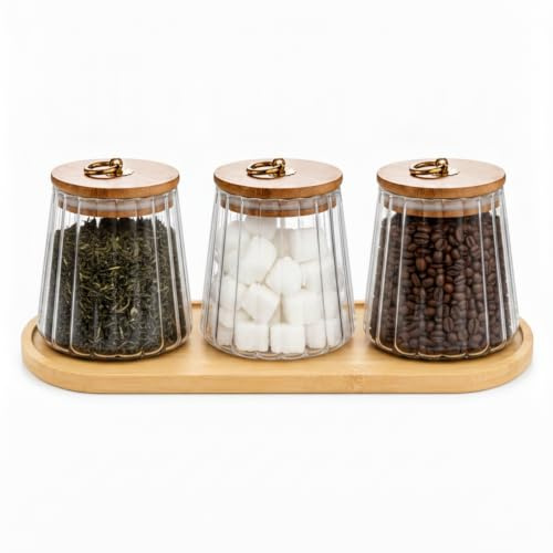 Raoletin Tea and Coffee Canisters Set of 3, 650 ml Tea Coffee Sugar Containers with Metal Clip Bamboo Lids and Wooden Tray, Decorative Airtight Glass Containers with Lids for Home Kitchen