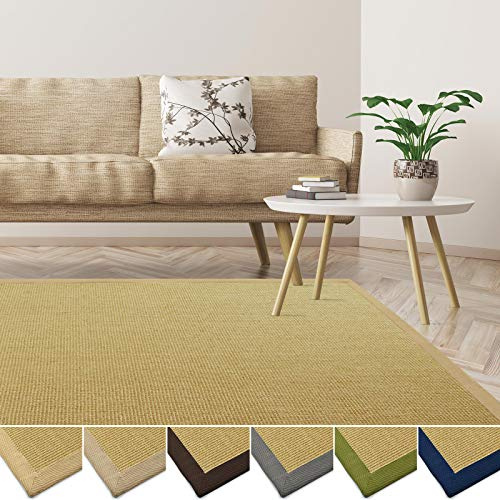 casa pura Sisal Teppich aus Naturfasern | mit Bordüre aus Baumwolle | pflegeleicht | viele Größen und Farben (Natur/Bordüre Natur, 200x200 cm)