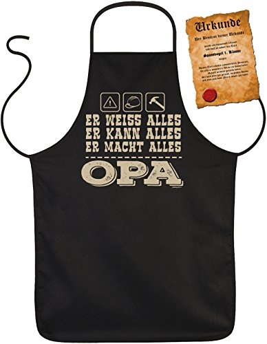 Opa Schürze - Sprüche Kochschürze Großvater : Er weiss ... macht alles Opa -- Geschenk Grillschürze Geburtstag Opa + Urkunde