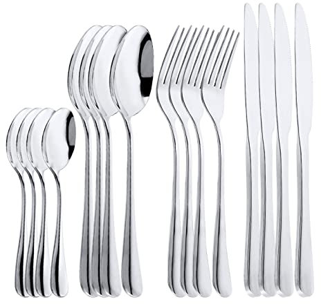 OBR KING 16-teilig Besteck Set Edelstahl Cutlery Inklusive Löffel Messer und Gabeln Besteckset Service für 4, Silber