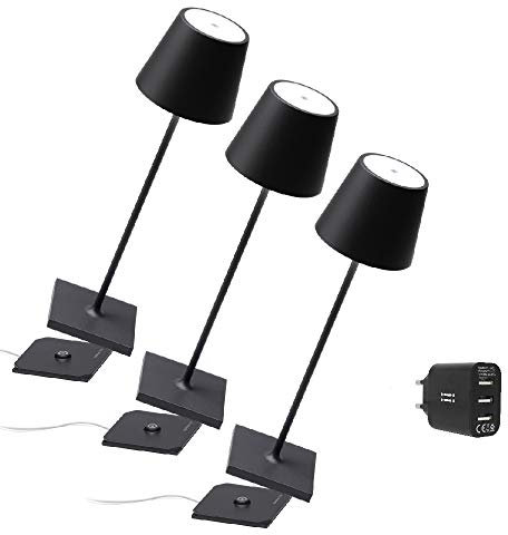 Zafferano [Amazon Exclusive] Kit 3x Lampada da tavolo senza fili Poldina Pro Nera, LED Dimmerabile Touch, IP65, ricarica wireless, uso interno/esterno, H38cm - caricatore Aiino USB incluso
