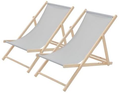 ECD Germany 2er Set Liegestuhl klappbar, Hellgrau, aus Holz, Sonnenliege mit 3-Fach Verstellbarer Rückenlehne, Strandliege bis 120 kg, Gartenliege, Strandstuhl, Relaxliege für Garten Balkon Terrasse