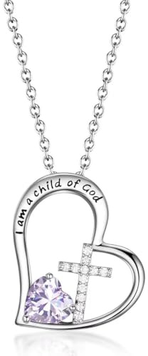 Birthstone Cross Necklace for Girls, Easter Gifts for Girls,I Am a Child of God Baptism First Communion Christian Religious Birthday Gifts Jewelry for Kids Teens Daughter Granddaughter Ideas June