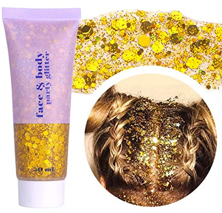 Prreal Body Glitter Gel 50ml, Mermaid Sequins Chunky Glitter Liquid Gel Kit | Long-Lasting Glitter Sequins Chunky Powder Gel For Festival Masquerade Birthday Makeup#Gold