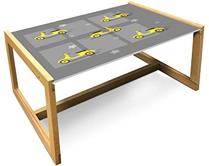 ABAKUHAUS Motorrad Couchtisch, Scooters und Sterne, Acrylglas-Mitteltisch mit Holzrahmen für Büros Wohnheime, Groß Größe, Gelb Schwarz und Grau