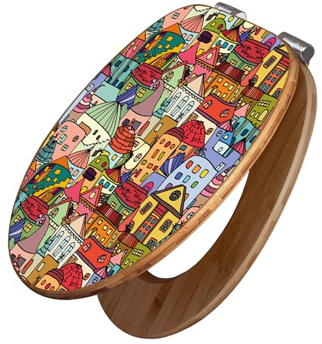banjado Design WC Sitz Bambus Absenkautomatik 45,8x37,5cm - Toilettendeckel mit Absenkautomatik Holz - hochwertiger Bambus Klodeckel - WC-Sitz für gängigen Toiletten - Motiv Funky Town
