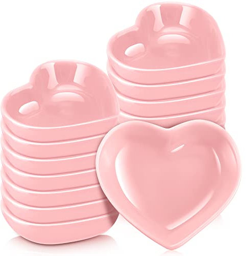 Zopeal 12 Pcs Heart Shaped Bowls Ceramic Dishes Heart Plates Multipurpose Salad Appetizer Plate Cooking Gift for Candy Sauce Sushi Dipping Serving Wedding Anniversary (Pink)