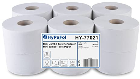 Hypafol Jumbo Rolle Toilettenpapier, 2-lagig, 12 Rollen à 850 Blatt, Ø 19 cm, Recycling, geprägt, Stark, schnell auflöslich & stabil, Weiß