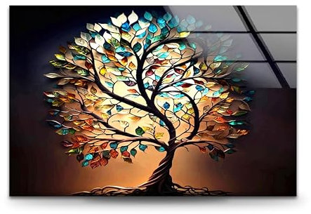 Myphotostation.com Wandbild aus gehärtetem Glas, Motiv: Baum mit Lebensstil, rahmenlos, frei schwebender Glasdruck, fertig zum Aufhängen, Ideen für Wohnzimmer, Wanddekoration, Heimdekoration,
