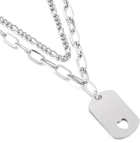 Homxi Frauen Silber Halskette für Anhänger,Damen Edelstahl Halskette mit Anhänger Kette Gravur Doppelkette mit Hundemarke Hohl Herz Halskette mit Anhänger Silber