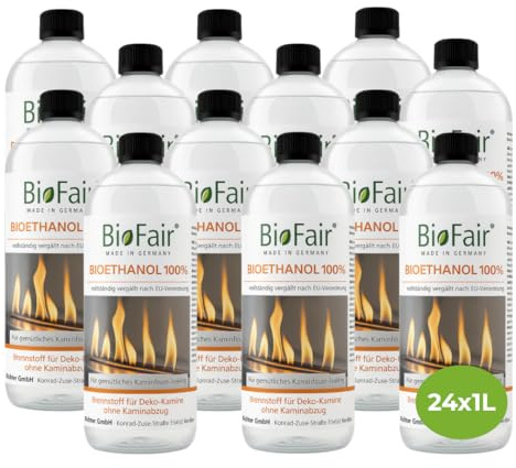 BioFair Bioethanol 100%, 24 x 1L Flasche Für Ethanolkamin, Bioethanolkamin | Für Gartenfackel, Innen & Außen, Geruchs- & Rußfrei, Hochreines Bio Ethanol